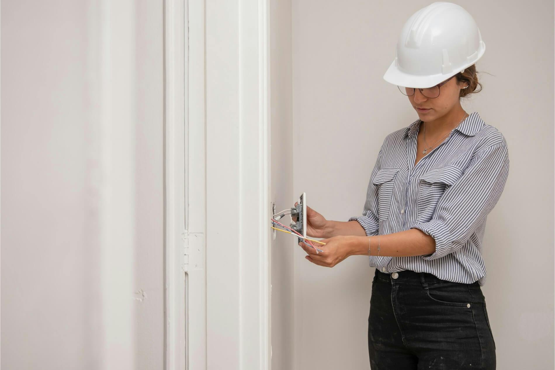 Female electrician begins work on electrical outlet