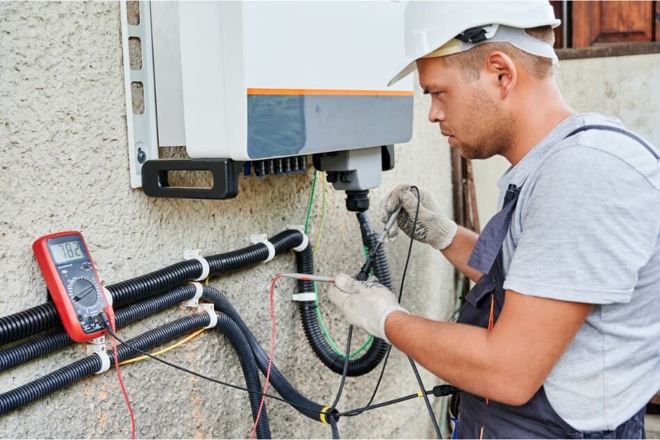 Electrician installs and tests outdoor solar energy testing device